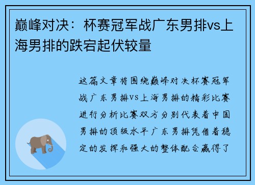 巅峰对决：杯赛冠军战广东男排vs上海男排的跌宕起伏较量