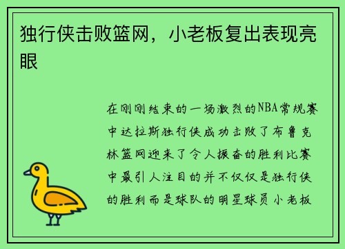 独行侠击败篮网，小老板复出表现亮眼
