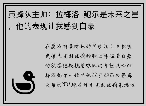 黄蜂队主帅：拉梅洛-鲍尔是未来之星，他的表现让我感到自豪